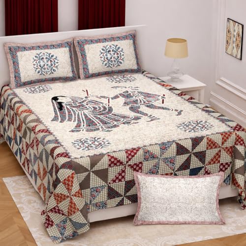 Image of Pure Cotton Jaipuri Premium King Size Double Bedsheet with 2 Pillow Covers, 280 TC Bedsheet for Double Bed (King Size 100x108 Inch)