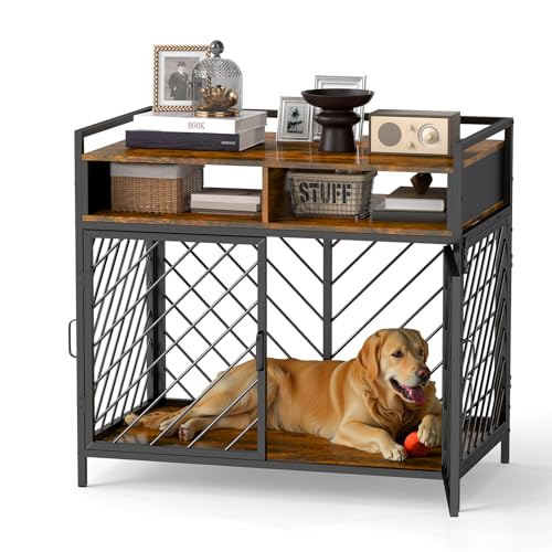 Large Dog Crate Furniture with Wooden Drawer Storage |,Heavy Duty Dog Cage for Large Dogs |Dog House,Folding 2 door Crate | 39.4″ × 23.6″ × 36.2″