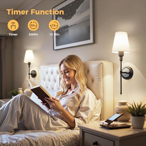 Image of DORESshop Battery Operated Wall Sconce Set of 2, Wall Light Wireless Easy to Install, Dimmable and Adjustable Sconces Wall Decor, Rechargeable Wall Lamp for Bedroom, Living Room, Black 20.7in