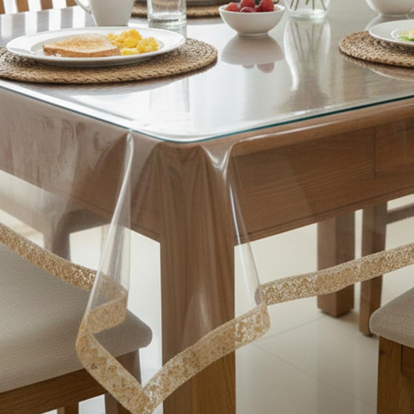 STITCHNEST PVC Transparent 4 Seater Dining Table Cover with Gold Lace, (40x60 Inches)