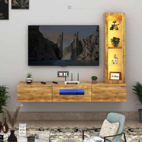 Image of Anikaa Lucen Ultra Modern Wall-Mounted TV Unit with Storage Cabinet and Light |3 Flip-Down Storage Doors, Acrylic Shelves & Engineered Wood Construction | Fits Up to 43 Inch TV | GiantWood Finish-DIY
