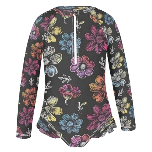 Cartoon Coloring Flowers Girls Long Sleeve Swimsuits One Piece Zipper Bathing Suit UPF 50+ Rashguard Swimwear2