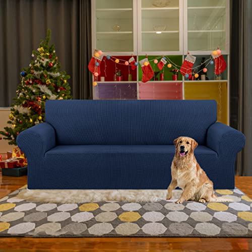 KEKUOU Stretch Sofa Cover Slipcover ,Couch Covers for 3 Cushion Couch Sofa pet Friendly (78"-94") Furniture Protector Sofa with Elastic Bottom for Kids,Dog, Jacquard Small Checked(Large,Navy Blue)