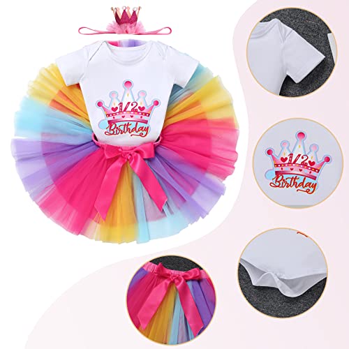 1/2 Birthday Outfit Girl Baby Half Way To One Smash Cake Photo Shoot Glitter Letter Print Short Sleeve Romper Princess Tutu Skirt Tiara Crown Headband Carnival Themed Party Supplies Colorful 3-6M #TOP4
