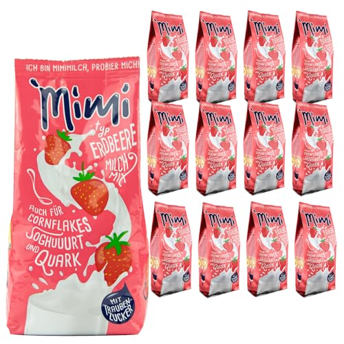 Mimi Milk Mix Fresa Bebida Polvo 12 x 400 g - Pack de Almacenamiento - Polvo de bebida soluble en leche con sabor a fresa - Soluble en frío y caliente - Ideal para ocio, oficina, familia grande