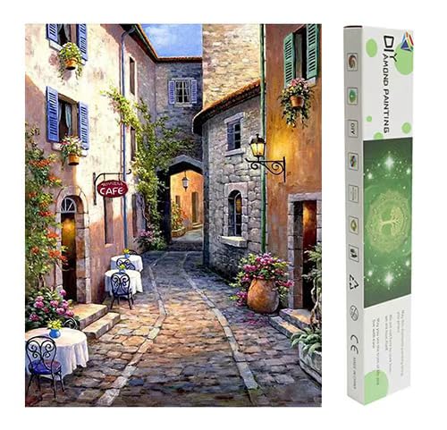 DCIDBEI Pintura de Diamantes Cuadrados 40x50 cm Diamond Painting Square Drill 5D Pintura por Números Paisaje Punto de Cruz Diamante Adultos Cafe en el Callejón Cuadros Diamantes 5D Grandes Paisajes