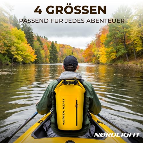Nordlight Dry Bag wasserdichte Tasche mit Handyhülle + Roll-Top, Schultergurt | Drybag wasserfester Rucksack Beutel Packsack Seesack Wassersack Wetbag | Baden Schwimmen Strand SUP – Gelb, 10 Liter