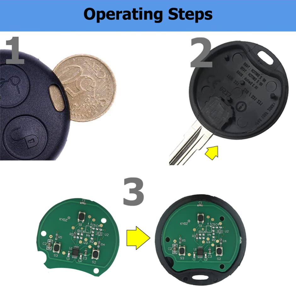 Coque Clé Coques Clé Smart Fortwo 450 - Lot 2 Boîtiers Remplacement - 3 Boutons - Compatible 1998-2007 Coque Clé Smart Fortwo 450