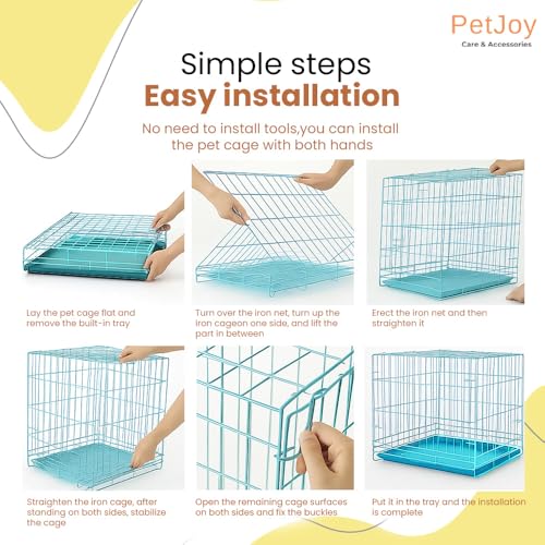Image of PETJOY Foldable Metal Dog Cage | 24 Inch Dog Crate Kennel for Puppies, Medium Dogs, Cats & Rabbits | Double Door with Secure Lock, Removable Leak-Proof Tray | Portable & Easy to Clean Pet Cage (Blue)