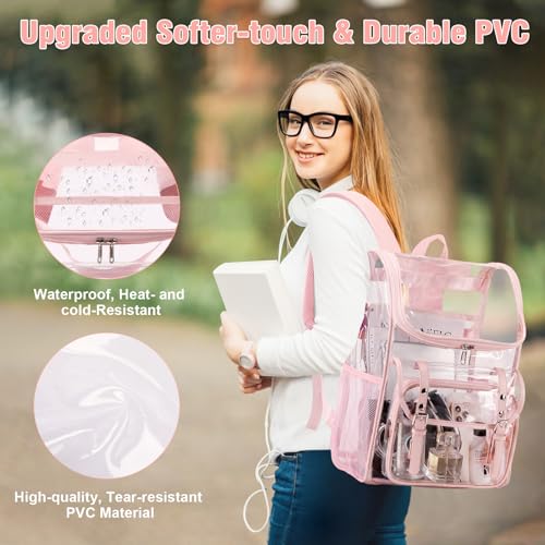 Image of DIGOBAY Clear Backpack with Lunch Bag Set, Leather Clear Backpack Heavy Duty Thick PVC Bookbag See Through Transparent Backpacks with Support Pad for Women Girls College Travel Work Pink | Thick PVC See Through Transparent Backpack for Girls Women for Stadium Events College Travel Work, Pink