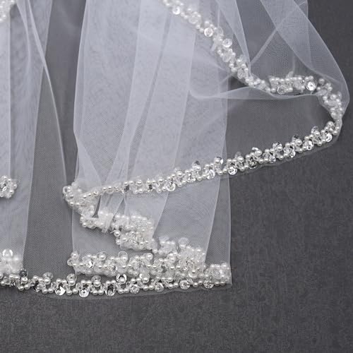GAODESI Wedding Veil Pearls and Crystals Beaded Edge 1 Tier Fingertip Length Bridal Veil (30 inches- white)
