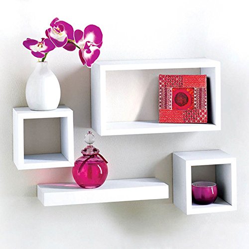 Pannu Modern Set Of 4 Floating Shelves Wall Storage Display Unit in White Black Oak (White)