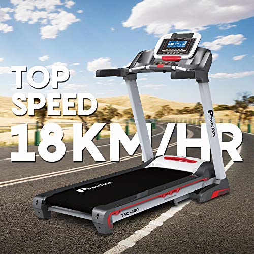 Image of PowerMax Fitness TAC-400 6HP AC Motorized Semi-Commercial Auto-incline Treadmill for Home Gym, Max user 140kg, Top speed 18kmph, 1400x450mm Running deck, Manual Lubrication, Bluetooth, USB, Speaker.