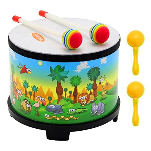 Crafteem Floor Tom Drum for Kids Musical Percussion Instrument with 2 Mallets and Color Maracas for Toddler ,Children Boys & Girls Christmas Birthday Gift. (Lovely Animals)