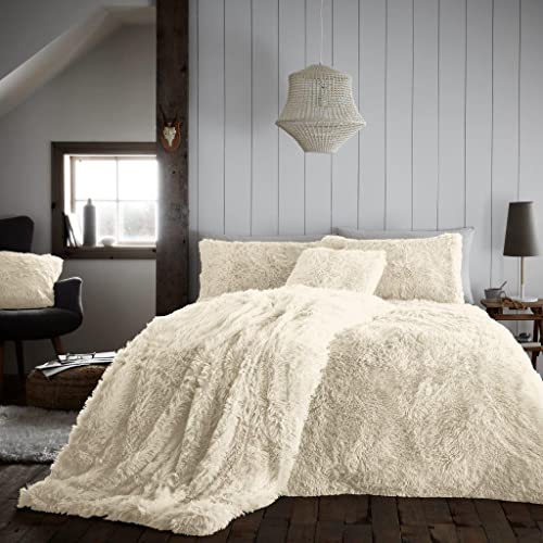 GC GAVENO CAVAILIA Faux Fur Double Bedding Set – Reversible Fluffy Duvet Cover with Matching Pillowcases | Ultra Soft, Warm Cosy Shaggy Fleece Quilt Cover | Easy Care Machine Washable Bed Linen, Cream