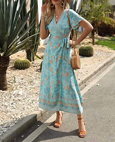 Image of R.Vivimos Women's Summer Short Sleeve Floral Print Bohemian Beach Waist Tie Wrap Long Flowy Dress with Slit
