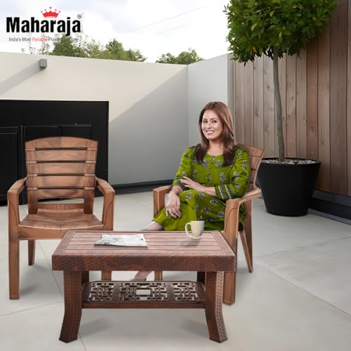 Image of MAHARAJA Premium Plastic Furniture Set | Comfortable Chairs with Matching Table | Perfect for Home, Office & Garden Use (Teakwood, 4 Chair+1 Table)