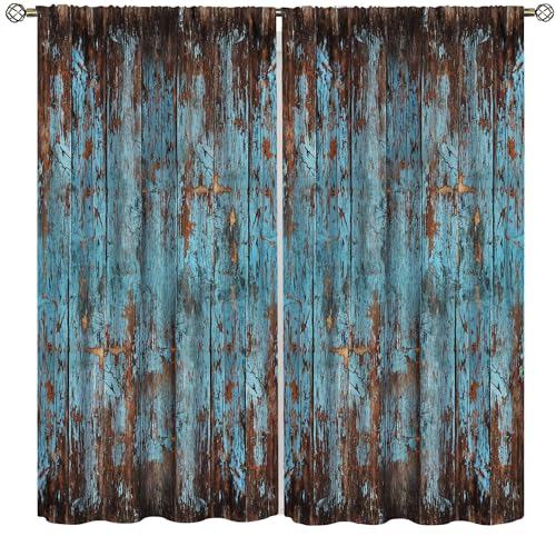 Yoakiet Retro Wooden Blackout Curtains, Rustic Farmhouse Vintage Brown Blue Plank Texture Prints Blackout Rod Pocket Window Treatments Drapes for Bedroom Living Room Kitchen42x45in
