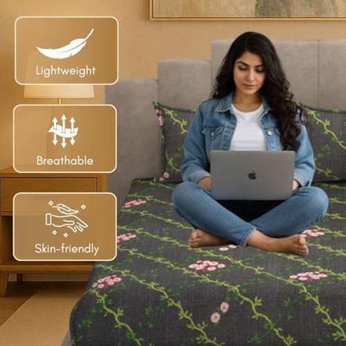 Image of Mafatlal Luxe Lilac 140 GSM Elegant Bedsheet with 2 Pillow Cover for Double Bed and Queen Size, 90x100 Inch - Black & Green, Premium Microfiber, Soft & Lightweight