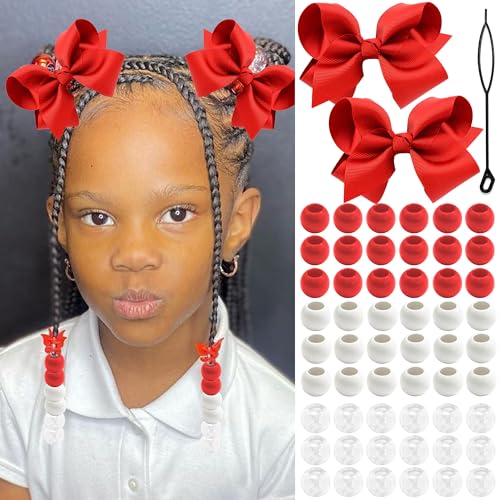 NAISKA 62PCS Valentines Beads for Braids Girls Hair Bow Large Hole Loc Beads Red Hair Jewelry 3 Colors Round Hair Bead Lovely Valentine's Day Braids Accessories