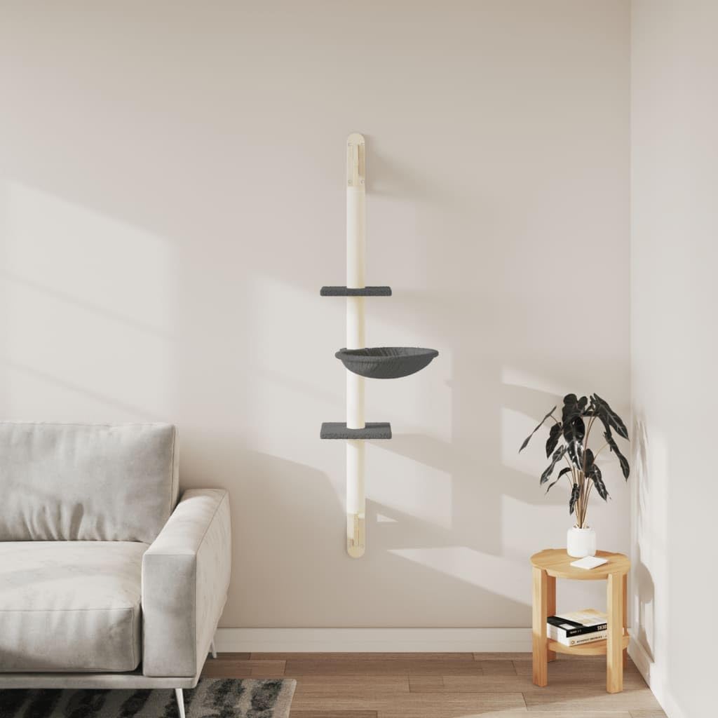 Ścienny drapak dla kota z drapakiem, ścianką wspinaczkową i powierzchnią do leżenia, ciemnoszary, 142,5 cm, sizalowy, pluszowy, do salonu i użytku wewnątrz