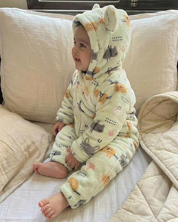 Image of BABYZONE Fluffy Fleece Baby Romper - Hooded Bear Ear Winter Jumpsuit for Boys & Girls