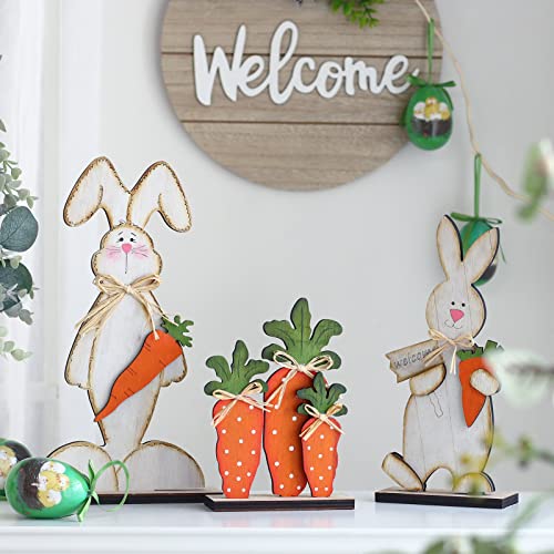 Rosecraft Easter Decorations, 3Pcs Rustic Wooden Bunny/Carrot Table Sign Decor For The Tabletop Centerpiece Rabbit Crafts Gift, For The Home Office Desk Birthday Party Supplies Spring Decorations. #TOP3