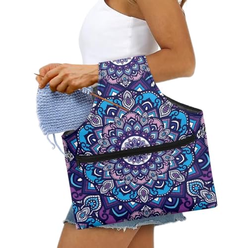 Image of ZUXONGSY Mandala Yarn Bags for Knitting Retro Floral Yarn Tote Bag for Women Floral Portable Knitting Project HanbBag for Crochet Hooks