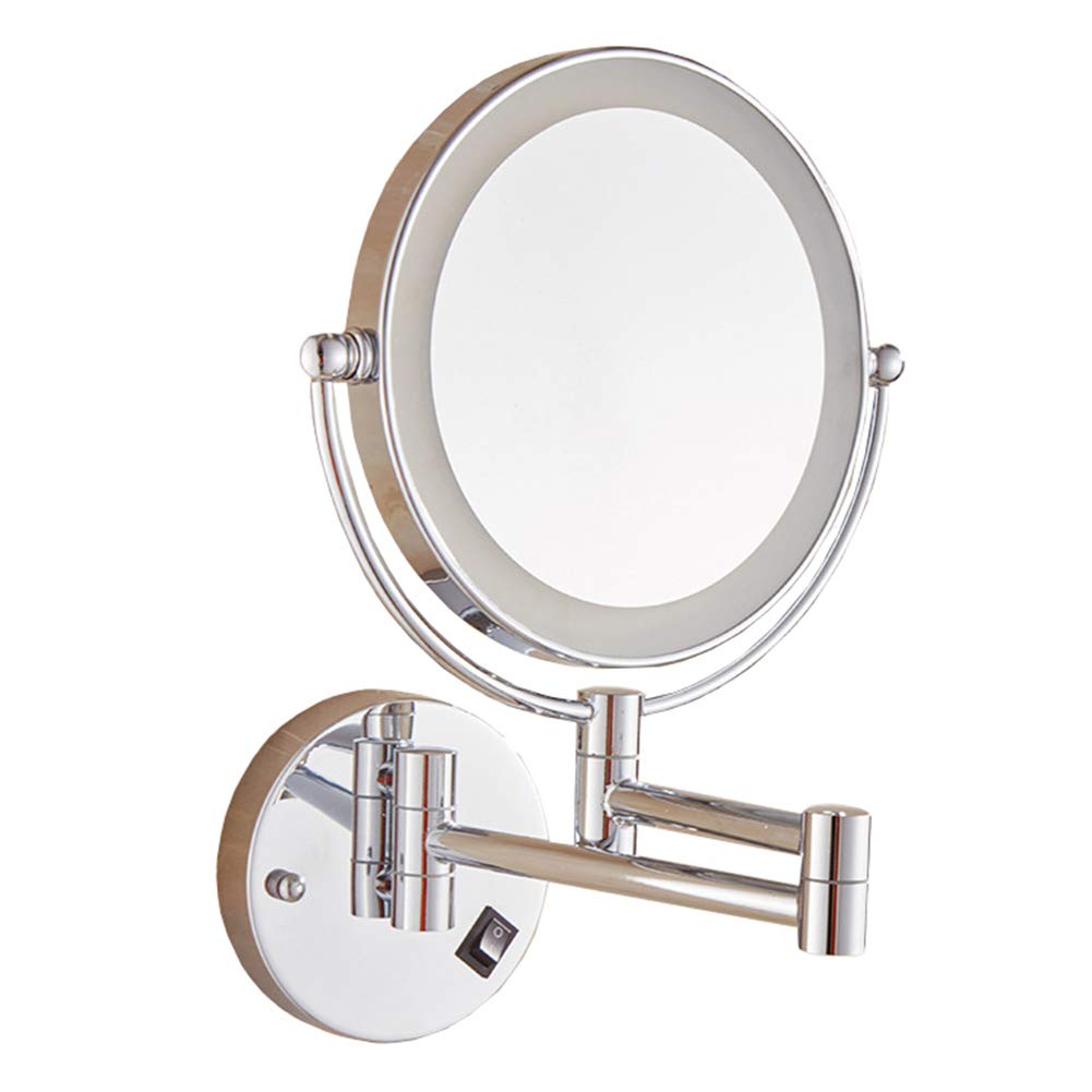 Espejo de maquillaje Montaje en pared, Espejo de baño extensible con Luz LED giratorio de 360 ° Aumento de 3X Espejo de afeitar de Forma Redonda plegable de Doble Cara,Silver_8inch (Silver 8