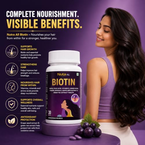 Image of Biotin Hair Growth Tablets | Biotin with Folic Acid, Vitamin E, Amino Acids & Antioxidants | Supports Hair Strength, Skin Glow & Nail Health | 30 Veg Tablets