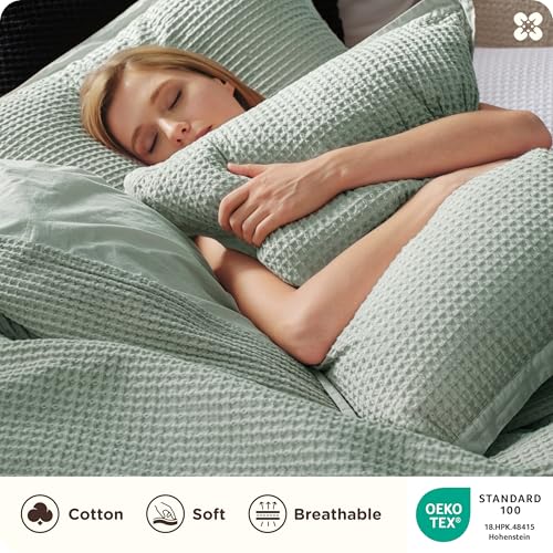 Image of Bedsure Cotton Duvet Cover King - 100% Cotton Waffle Weave Sage Green Duvet Cover King Size, PureWoven Breathable Bedding Set for All Season, 3 Pieces, 104 inchx90 inch