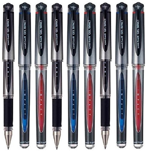 9 stuks Uni Ball balpen met dop, gesorteerd op kleur UM 153S Gel Impact Rollerball balpen, breed, 1 mm punt, 0,6 mm lijnbreedte inkt (elke kleur 3), zwart/blauw/rood