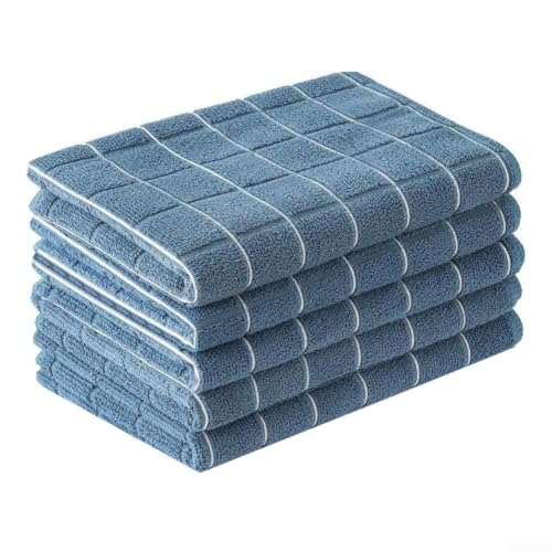 Toallas de cocina de microfibra reutilizables, 5 unidades, paños extra absorbentes para grasa, toallas de limpieza multiusos para el hogar, paño sin pelusa para ventanas, 30 x 30 cm (azul)