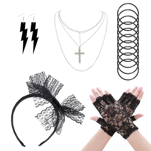 80er Jahre Outfit Damen,5 Stücke Damen 80er Jahre Outfit Accessoires, Schwarz Retro Party Set,Spitze Stirnband Ohrringe Fischnetz Handschuhe,...