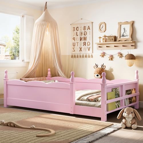 Image of Bellemave Twin Size Montessori Floor Bed Frame with High Fence, Solid Wood Kids Floor Bed with Bookshelf, Low Profile Bed for Boys & Girls, Childlike Design,Pink