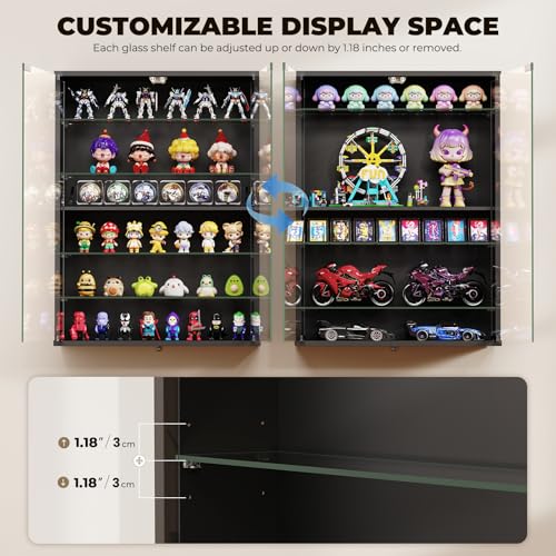 Image of Wall Display Case with Glass Doors, Sports Card Display Case | 6-Tier, Adjustable Glass Shelves, Shot Glass Display Case for Collectibles, Display Cabinet for Trading Cards, Black