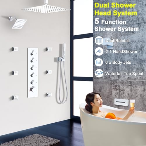 Sistema de Ducha Termostático de Doble Cabezal con Chorros Corporales, Cabezal de 16" de Techo y Cabezal de 6" de Pared con Grifo para Bañera, 5 Funciones que Pueden Operar Simultáneamente, Acabado Cromo miniatura 2