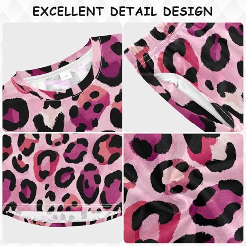 Pink Leopard Print Pattern Soft Pajama Set for All Seasons,Breathable Pjs Long Sleeve Sleepwear,Comfy Loungewear 2 Piece Underwear Set 4T3