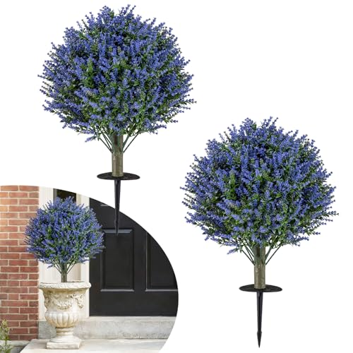 COSTWAY Set of 2 Artificial Topiary Ball Trees, Faux Shrub Bushes with Ground Spikes, Indoor Outdoor Sun-proof Fake Floral Greenery Topiary Plants for Porch, Garden, Yard (60cm, Lavender Tree)