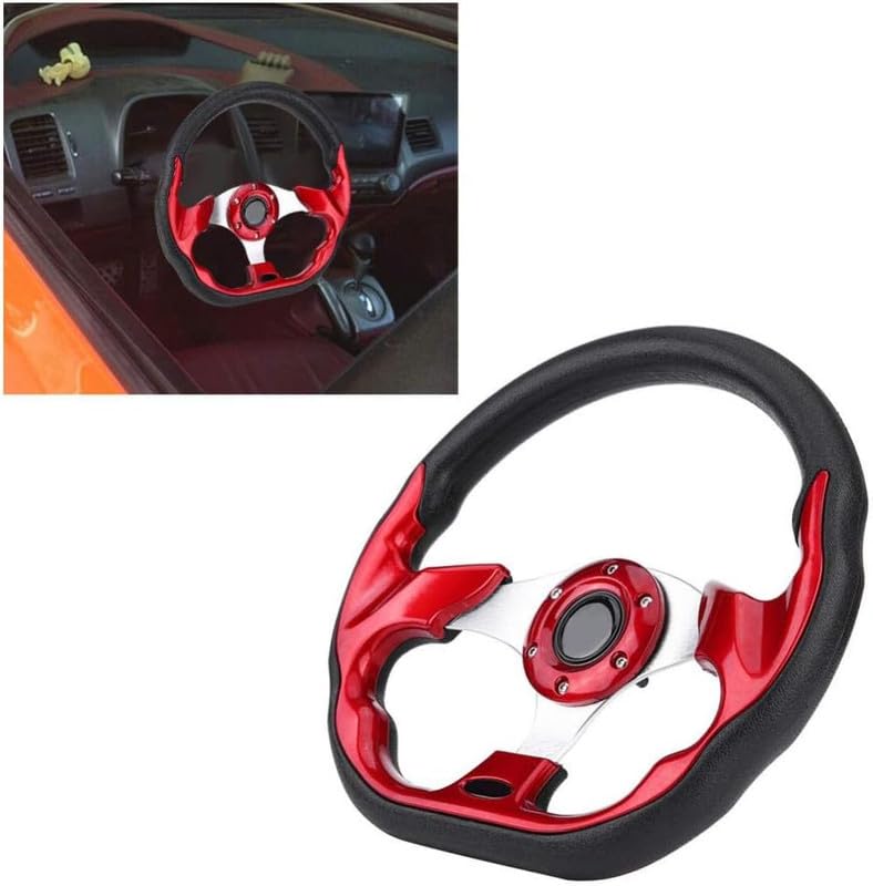 Image of Universal Racing Steering Wheel, 6 Bolt Anti-Slip Leather and Aluminum Gaming Steering Wheel with Horn Button for Car Sports Racing Steering Wheel (Red) Comfortable With LEA-F EV