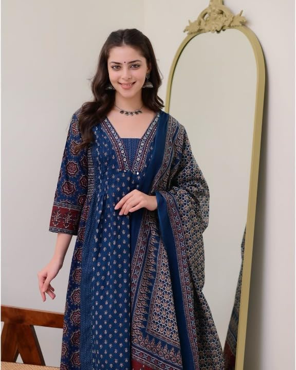 Image of Women's by Pure Cotton Anarkali Kurti Plazo with Dupatta Set.