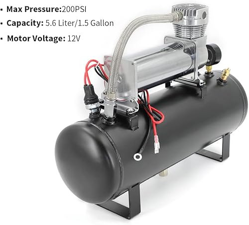 Miniatura 5 de Compresor de suspensión de tren de aire resistente de 200PSI 12V con tanque de bocina de trenaire de 1.5 galones (5.6 litros)