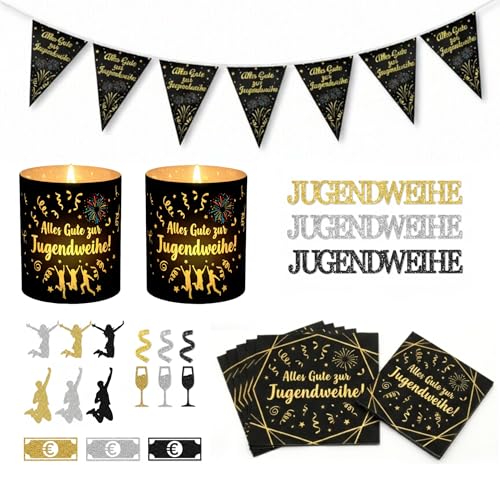 Jugendweihe Deko Mädchen Junge Schwarz Gold: 1 Jugendweihe Garten Banner (12 Dreiecksfahnen)+ 20 Servietten (33x33cm) + 12 Windlicht + 120 Konfetti Komplettset Tischdeko Raumdeko Party Girlande