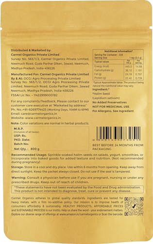 Image of CARMEL ORGANICS Halim Seeds 800 Grams (Pack of 1) | Garden Cress Seeds /Haleem Seeds /Aliv Seeds for Eating | High in Fibre and Omega -3 | Immunity Booster Superfood | Non GMO | No Added Preservatives