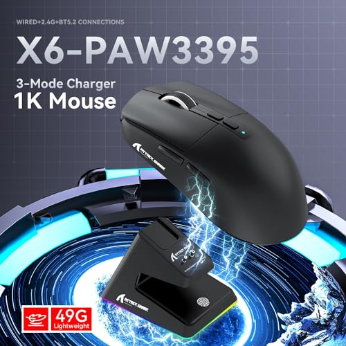 Image of ATTACK SHARK X6 Lightweight Wireless Gaming Mouse with RGB Backlight Charging Base,Tri-Mode Wired /2.4GHz /BT5.2,26K DPI, PAW3395 Optical Sensor,HUANO Switch,5programmable Buttons,PC /Mac(Black)