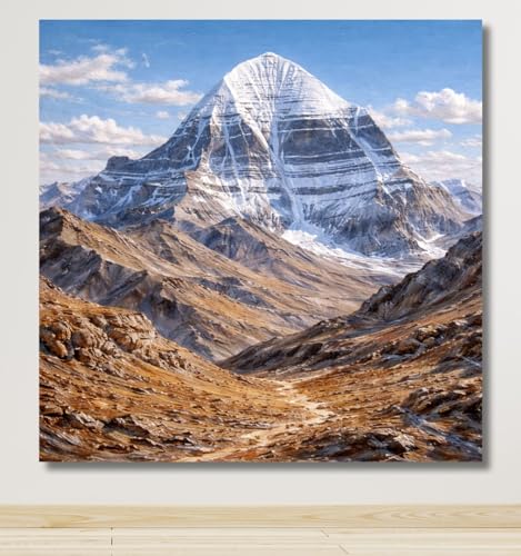 Image of Kunj Cart Mount Kailash Painting | 10+ DESIGNS | Kailash Parvat Canvas Painting for Living Room, Temple Home & Office Wall Decoration (Mount Kailash Painting, 18x18 Inch, Framed)