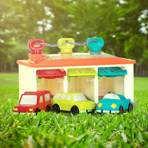 Battat – 3-Auto-Garage – Auto-Garage Spielset – Ursache-Wirkung-Spielzeug – Push & Go Autos – Farbcodiertes Sortierspielzeug – 2 Jahre +