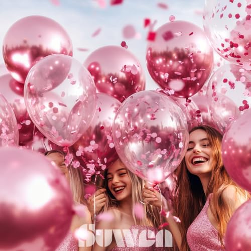 Image of SUWEN Pink Metallic and Confetti Balloons Set 47PCS Hot Pink Latex