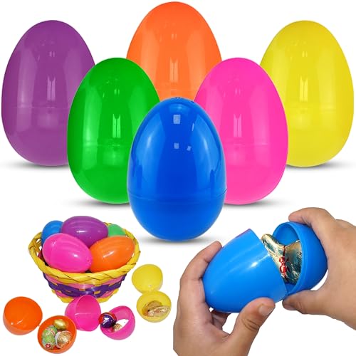 6PCs Easter Fillable Eggs 7.5cm/2.95 - Large Plastic Eggs Empty Colorful Eggshells with Hinge for Easter Hunt, Filling Treats, Basket Stuffers, Classroom Prize