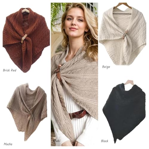Knitted Triangle Shawl With Leather Buckle, Knitted Triangle Scarf,Fall Winter Knitted Triangle Wrap for Women2